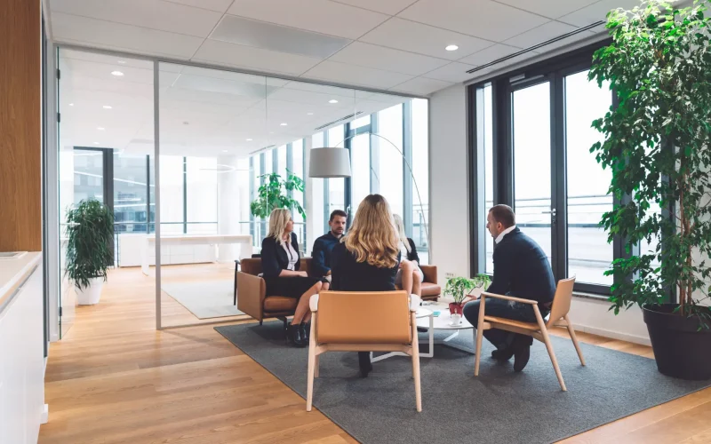 Senior woman director CEO leading in-office training session, collaborative discussion between colleagues. Business people having a meeting in office lounge. People learning and working together to ac